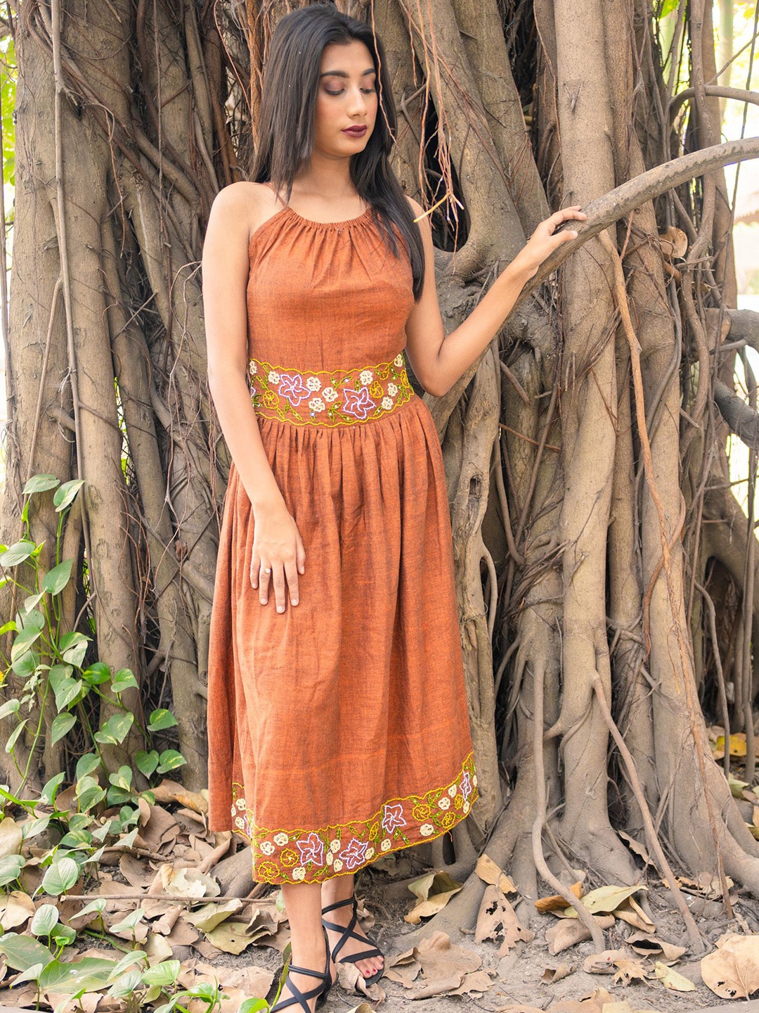 

Uttariya Floral Fit & Flare Midi Dress, Orange