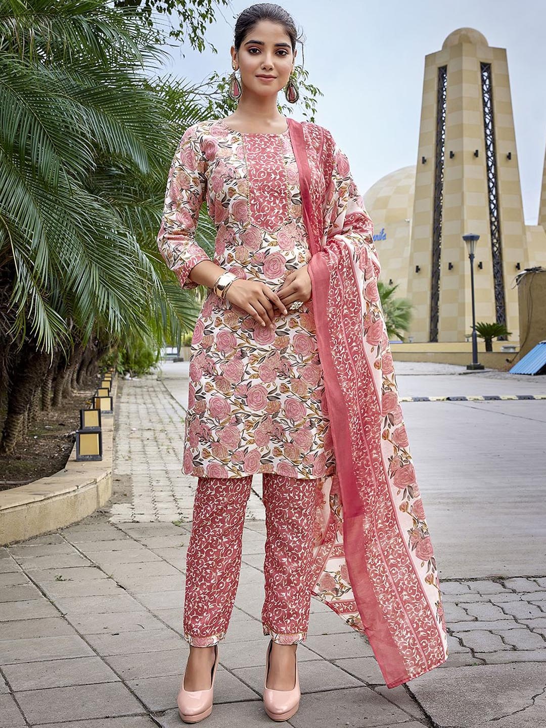

HERE&NOW Women Floral Printed Regular Kurta with Trousers & With Dupatta, White