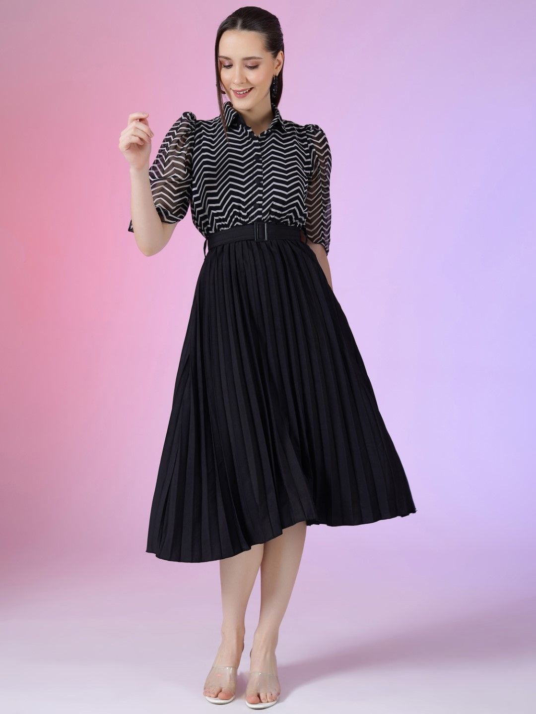 

Raiyani Fashion Print Puff Sleeve Applique Georgette Fit & Flare Dress, Black