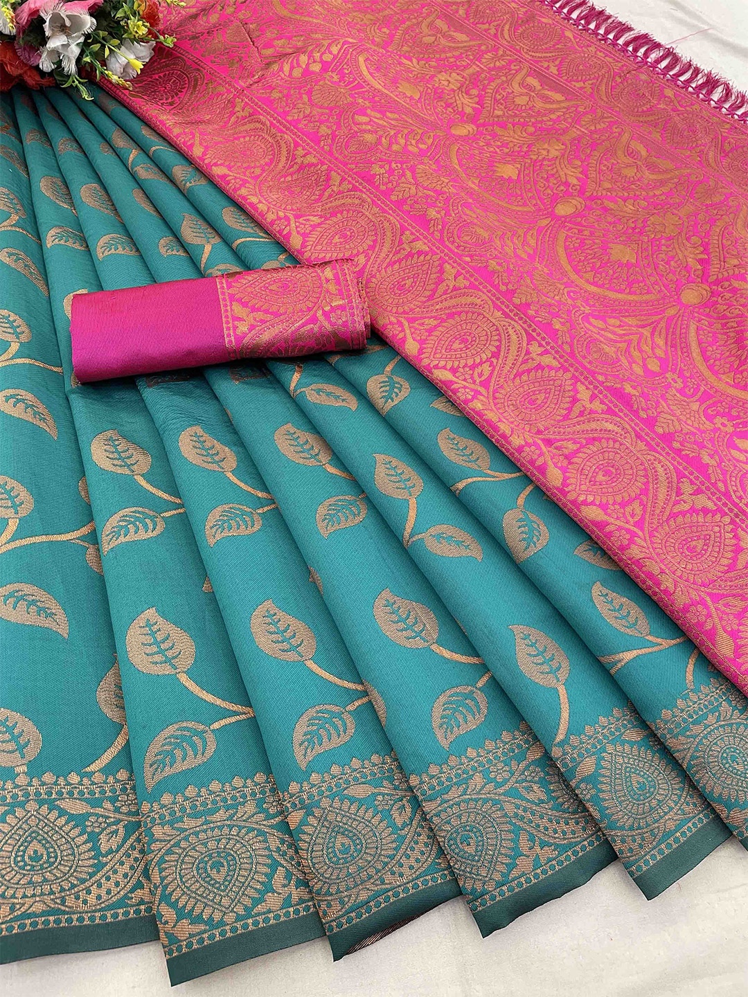 

KALINI Woven Design Zari Silk Blend Banarasi Saree, Teal