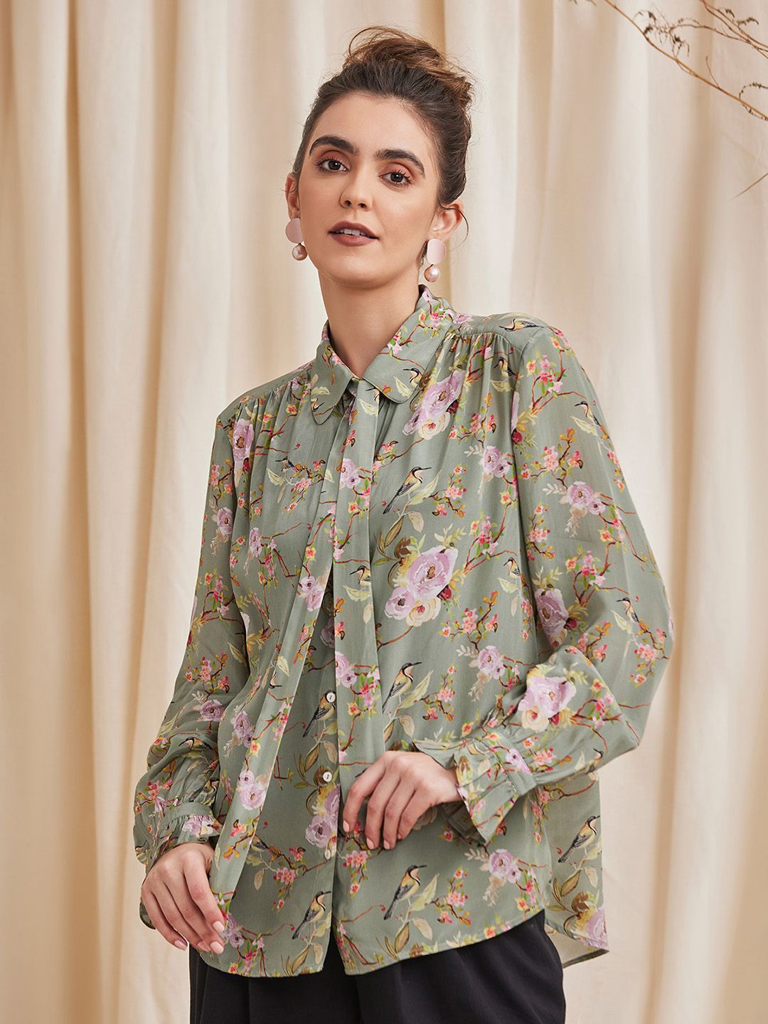 

B77 Floral Print Satin Shirt Style Top, Green