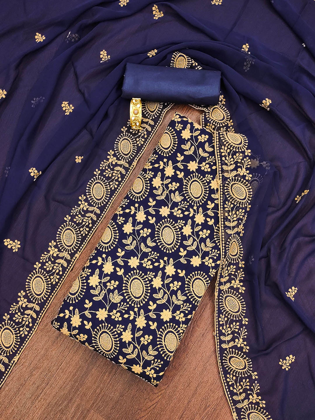 

SAINOOR Embroidered Silk Georgette Unstitched Dress Material, Navy blue