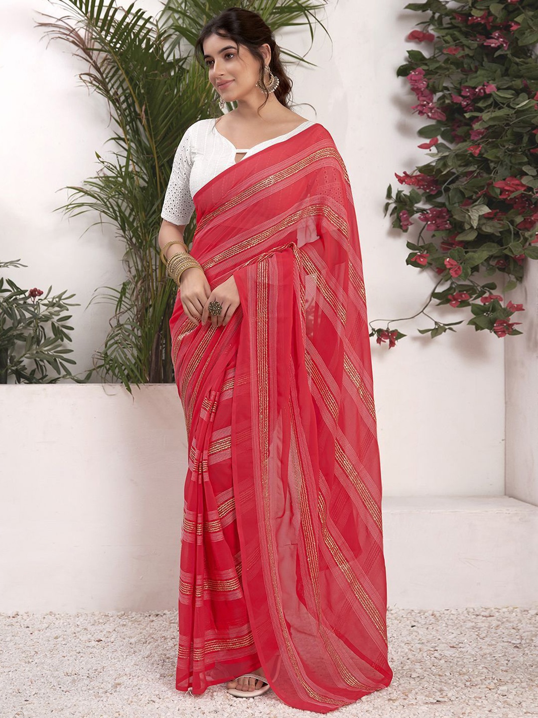 

DIVASTRI Striped Zari Pure Georgette Ready to Wear Saree, Pink