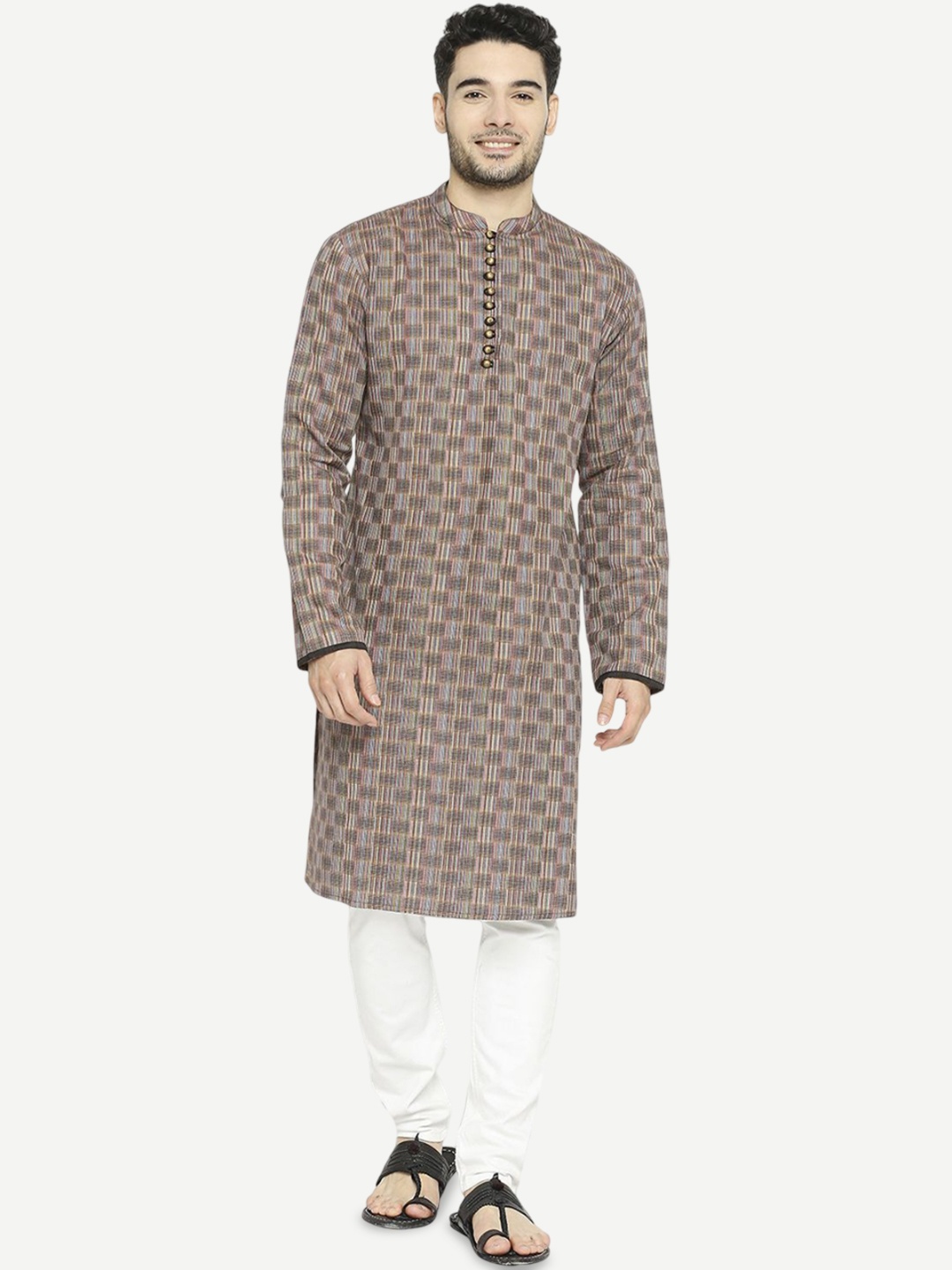 

Arch element Men Geometric Checked Flared Sleeves Mirror Work Kurta, Brown