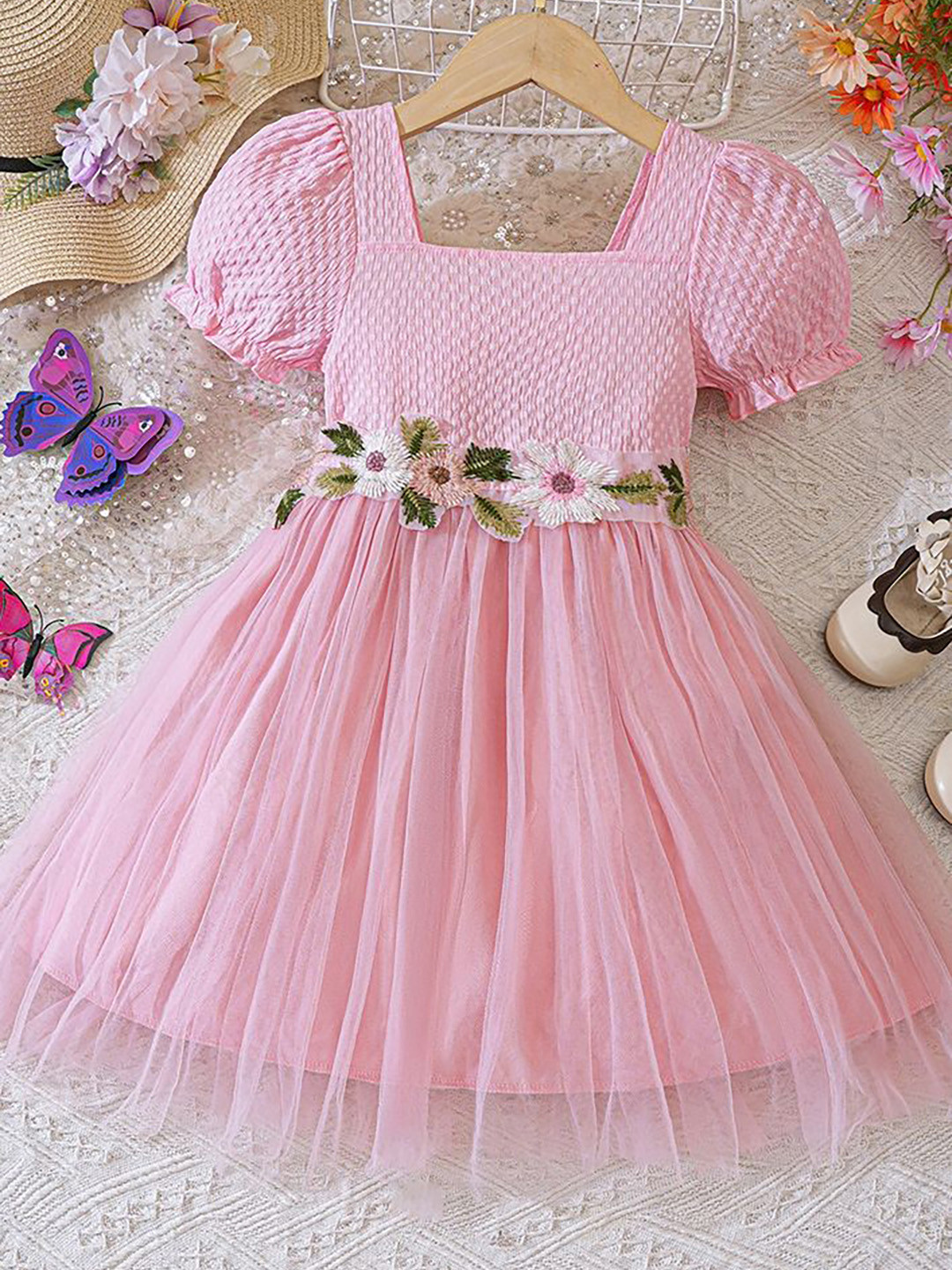 

LULU & SKY Flutter Sleeve Fit & Flare Dress, Pink