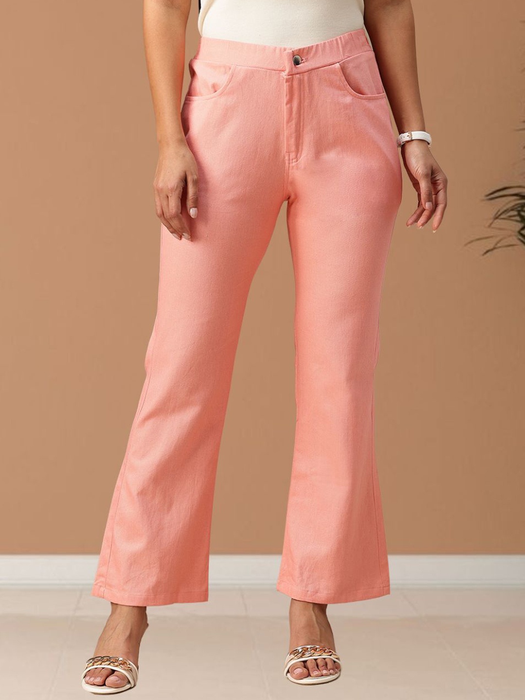 

Mast & Harbour Women Flared High-Rise Easy Wash Trousers, Peach