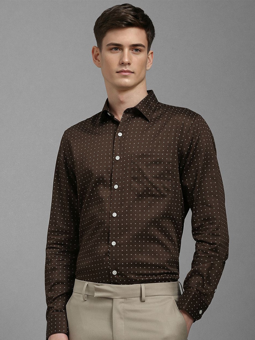 

Louis Philippe Men Slim Fit Opaque Printed Formal Shirt, Brown
