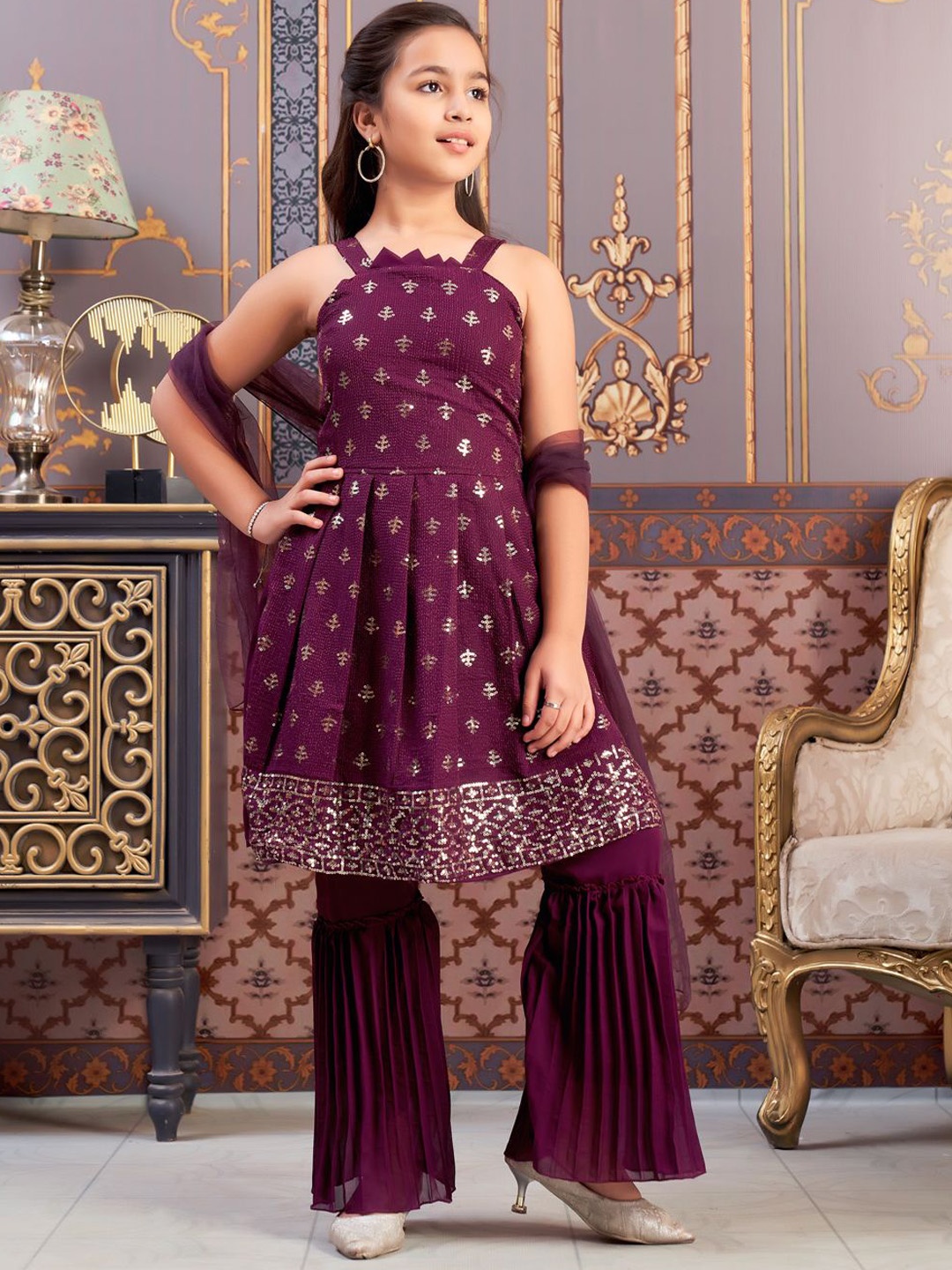 

Aarika Girls Floral Embroidered Pleated Sequinned Kurta with Sharara & With Dupatta, Burgundy