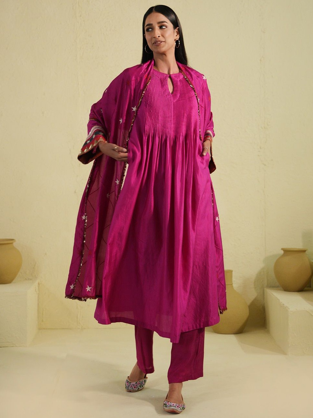 

SUSHRAM Women Embroidered Regular Pure Silk Kurta with Trousers & With Dupatta, Fuchsia