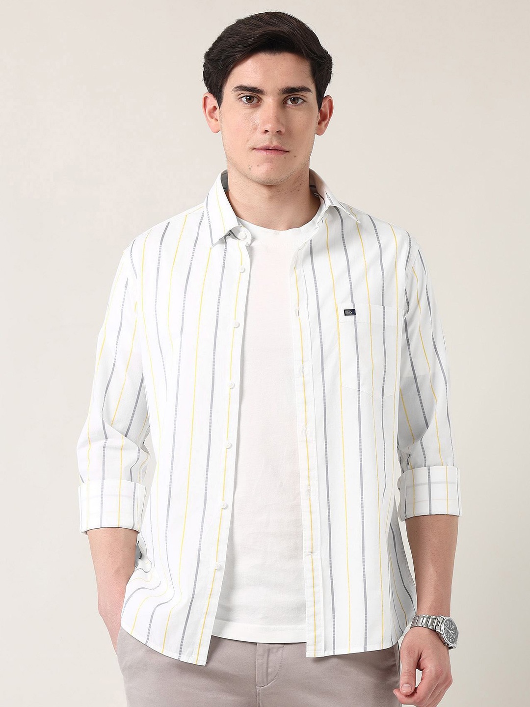 

AD By Arvind Men Classic Slim Fit Opaque Striped Casual Shirt, White