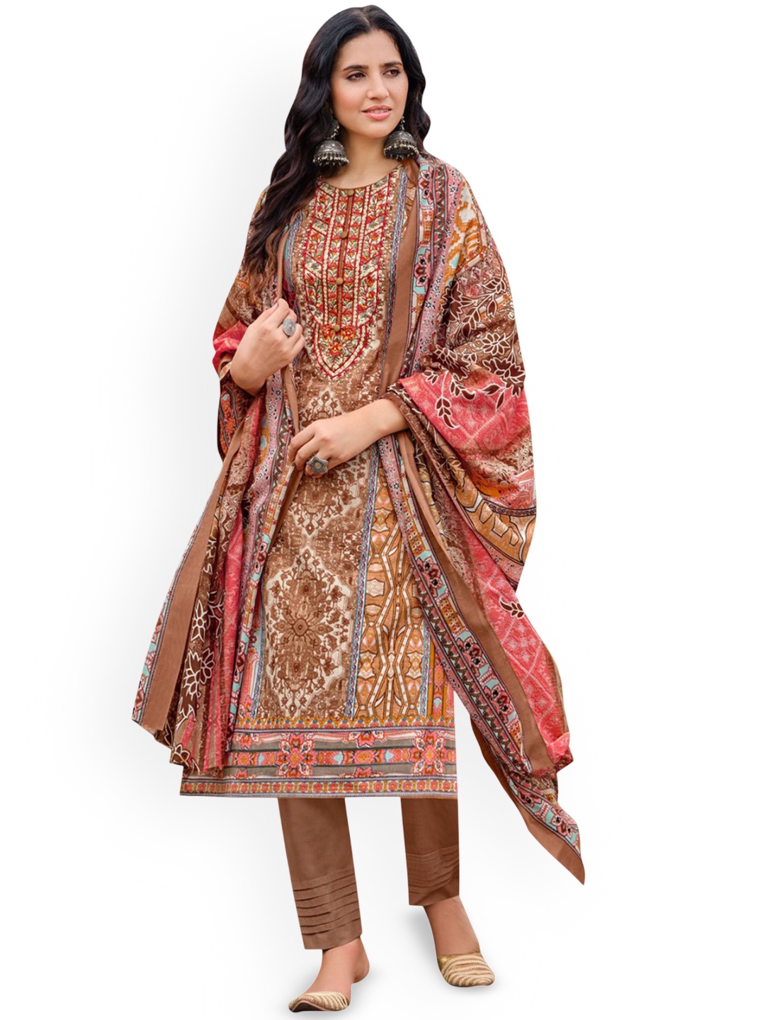 

DRAVINAM Trends Embroidered Pure Cotton Unstitched Dress Material, Brown