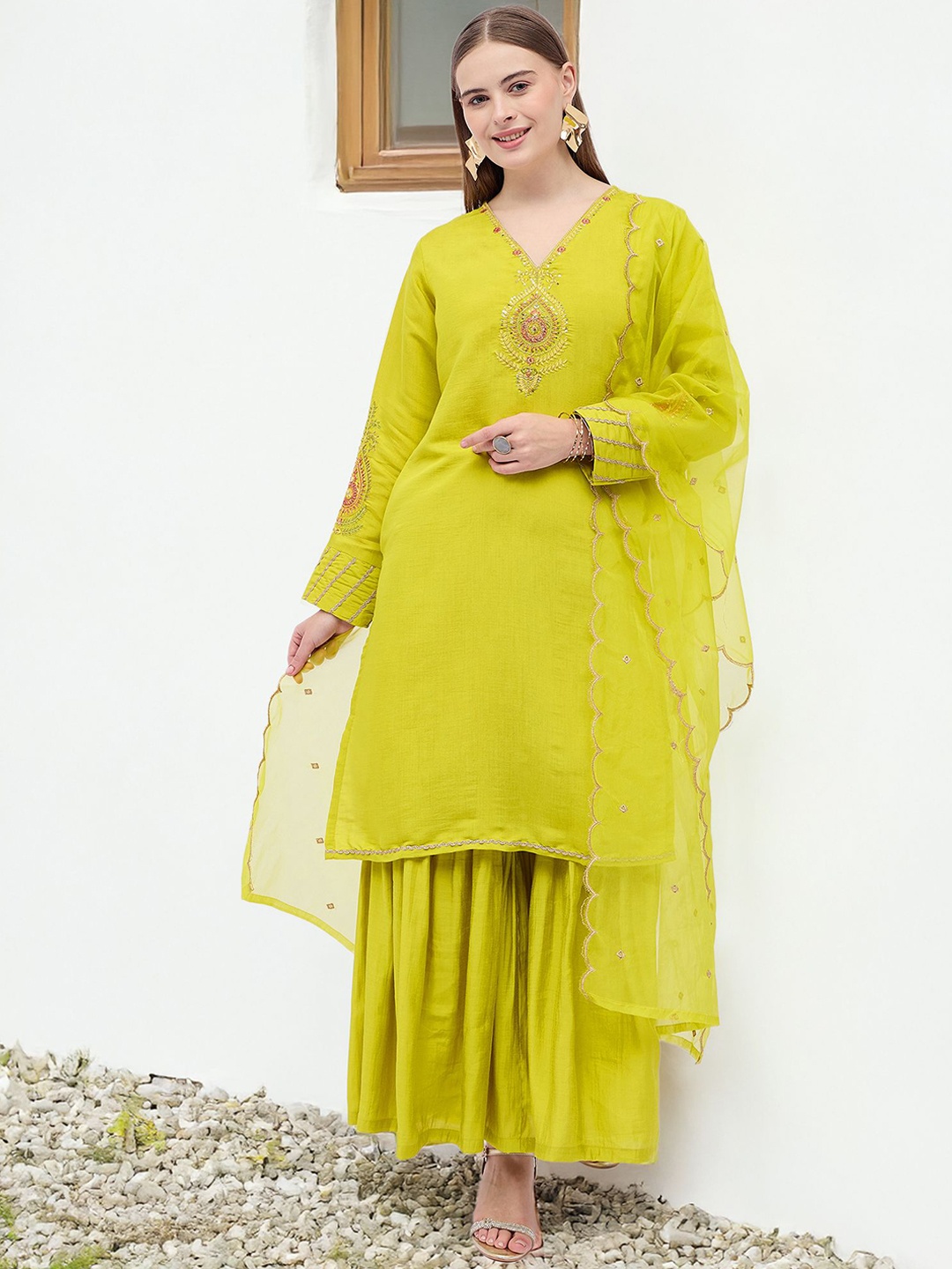 

all about you Women Embroidered Regular Kurta with Sharara & With Dupatta, Yellow