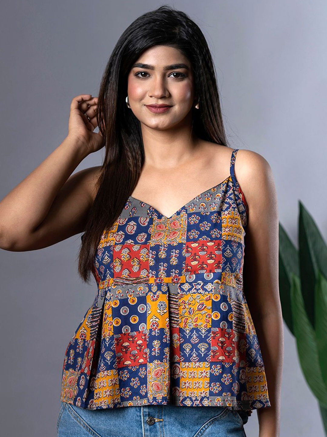 

CORSICA Print Cotton Peplum Top, Blue
