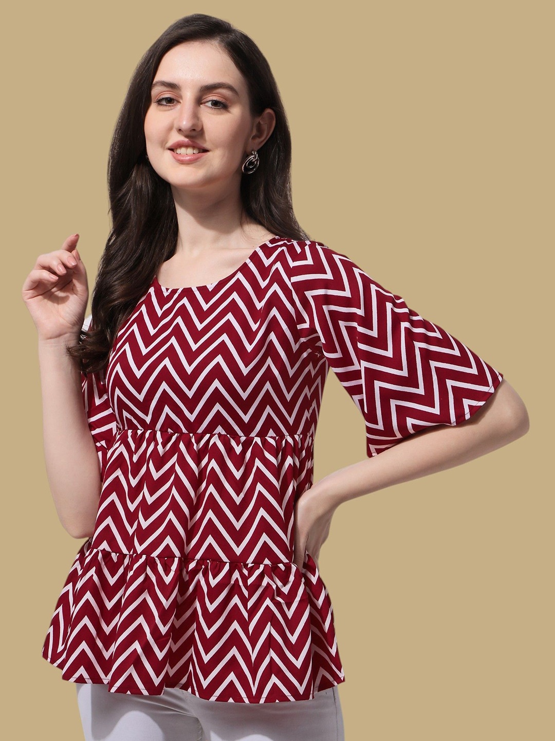 

Chemistry Geometric Print Crepe Peplum Top, Red