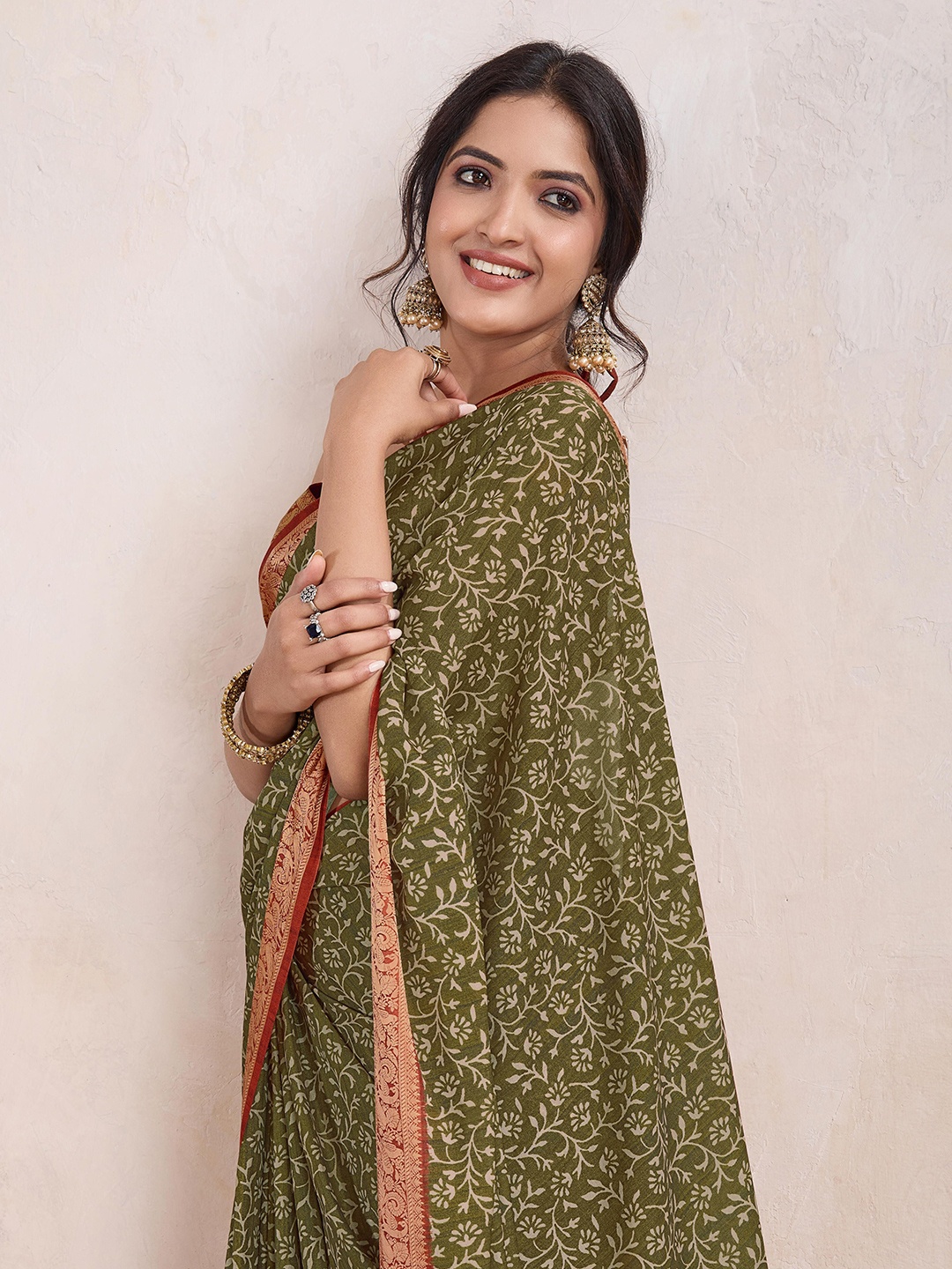 

TASRIKA Ethnic Motifs Zari Poly Crepe Dabu Saree, Olive