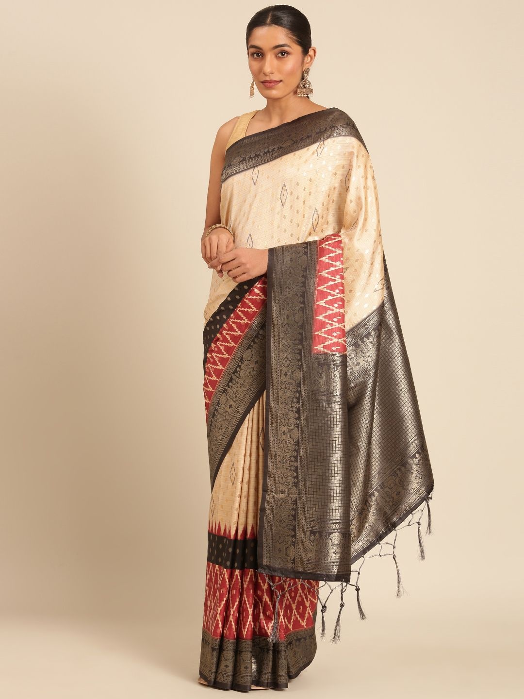 

LeeliPeeri Designer Woven Design Zari Silk Blend Saree, Cream