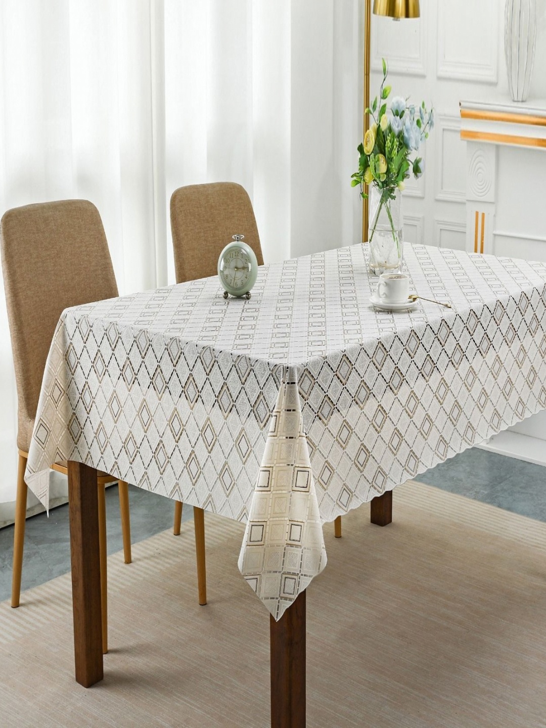 

Dakshya Industries White Geometric Printed Waterproof Plastic 6-Seater Table Cover