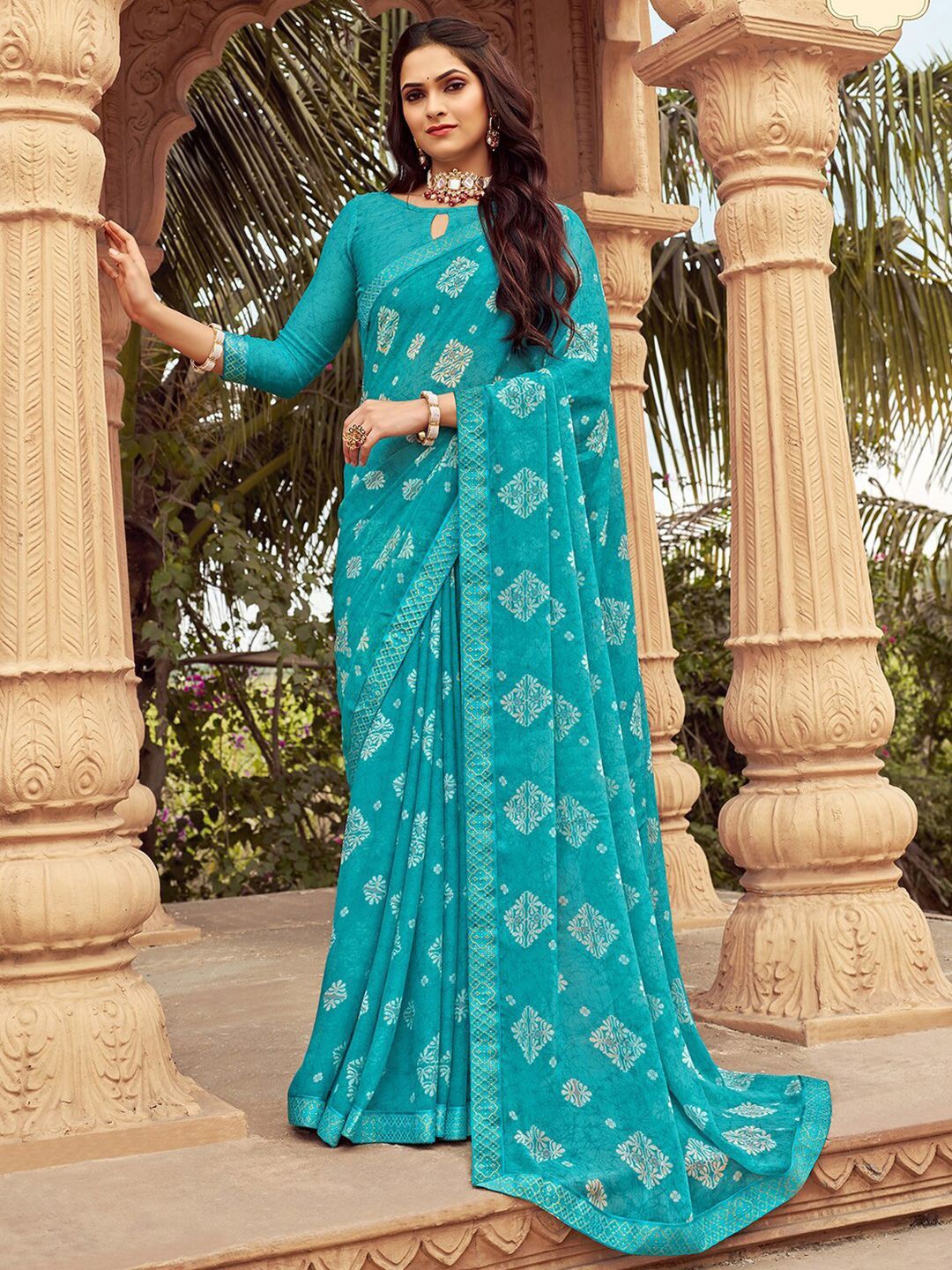 

DIVASTRI Floral Pure Chiffon Designer Saree, Blue