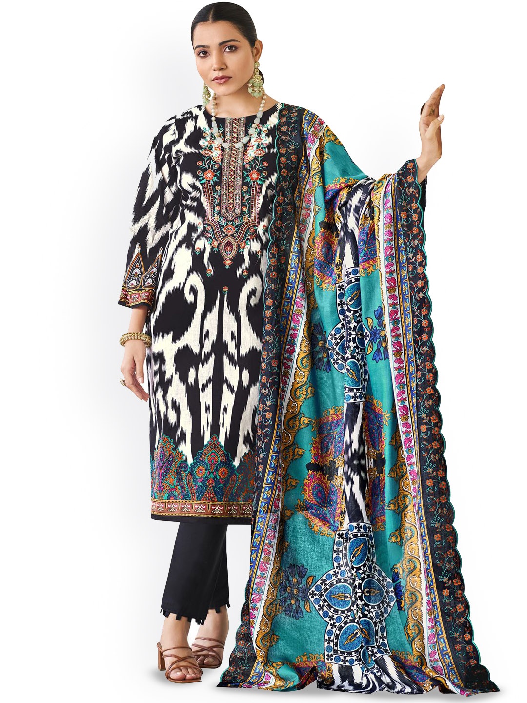 

DRAVINAM Trends Embroidered Pure Cotton Unstitched Dress Material, Black
