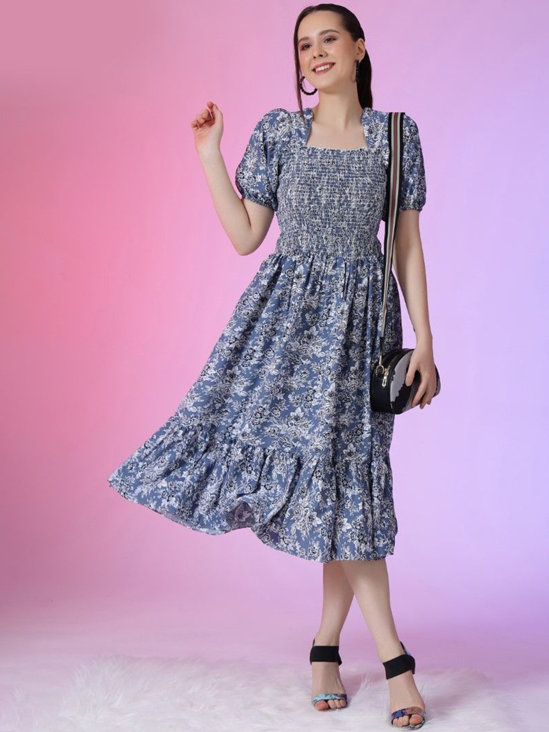 

Jash Creation Print Puff Sleeve Applique Fit & Flare Dress, Blue