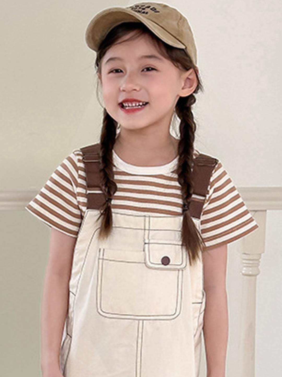 

LULU & SKY Girls Striped High Neck Pockets T-shirt, Brown