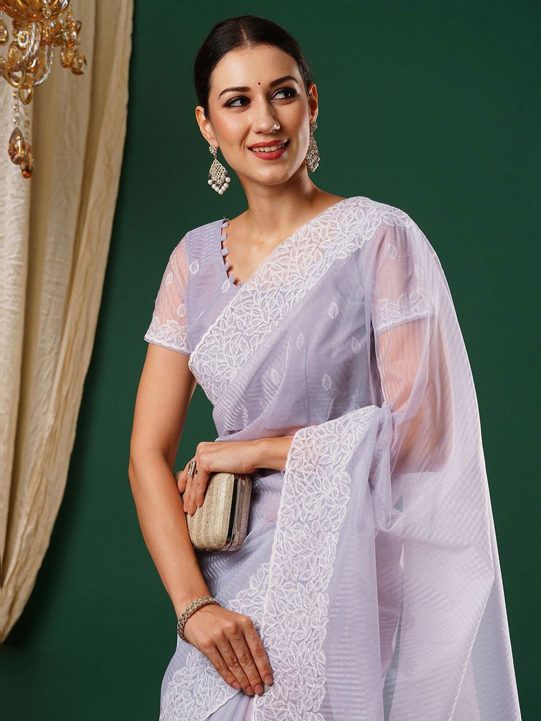 

DIVASTRI Floral Embroidered Supernet Saree, Lavender