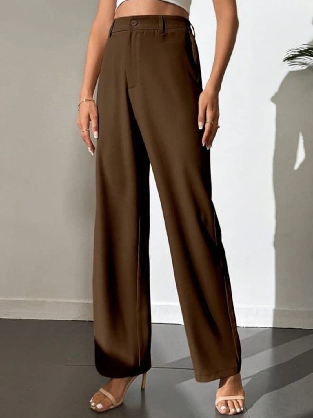 

BROADSTAR Women Smart Straight Fit High-Rise Easy Wash Trousers, Brown