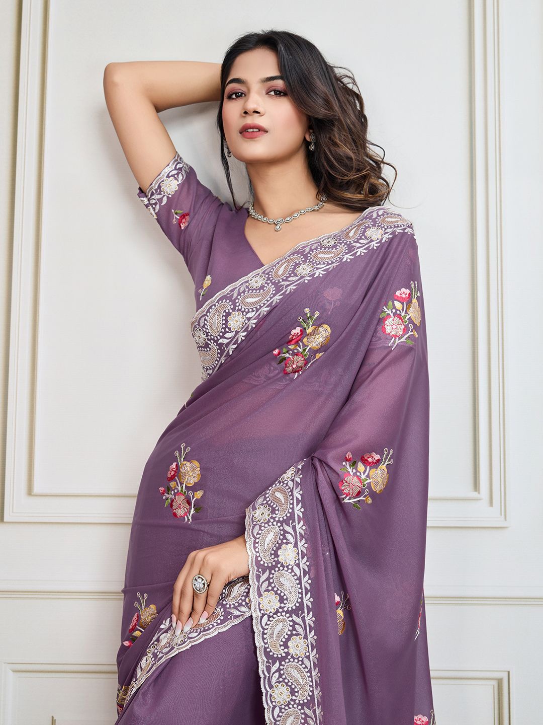 

House of Pataudi Embroidered Work Saree With Blouse Piece, Lavender