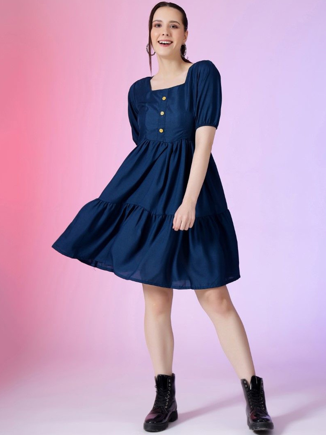 

Jash Creation Puff Sleeve Applique Fit & Flare Dress, Blue