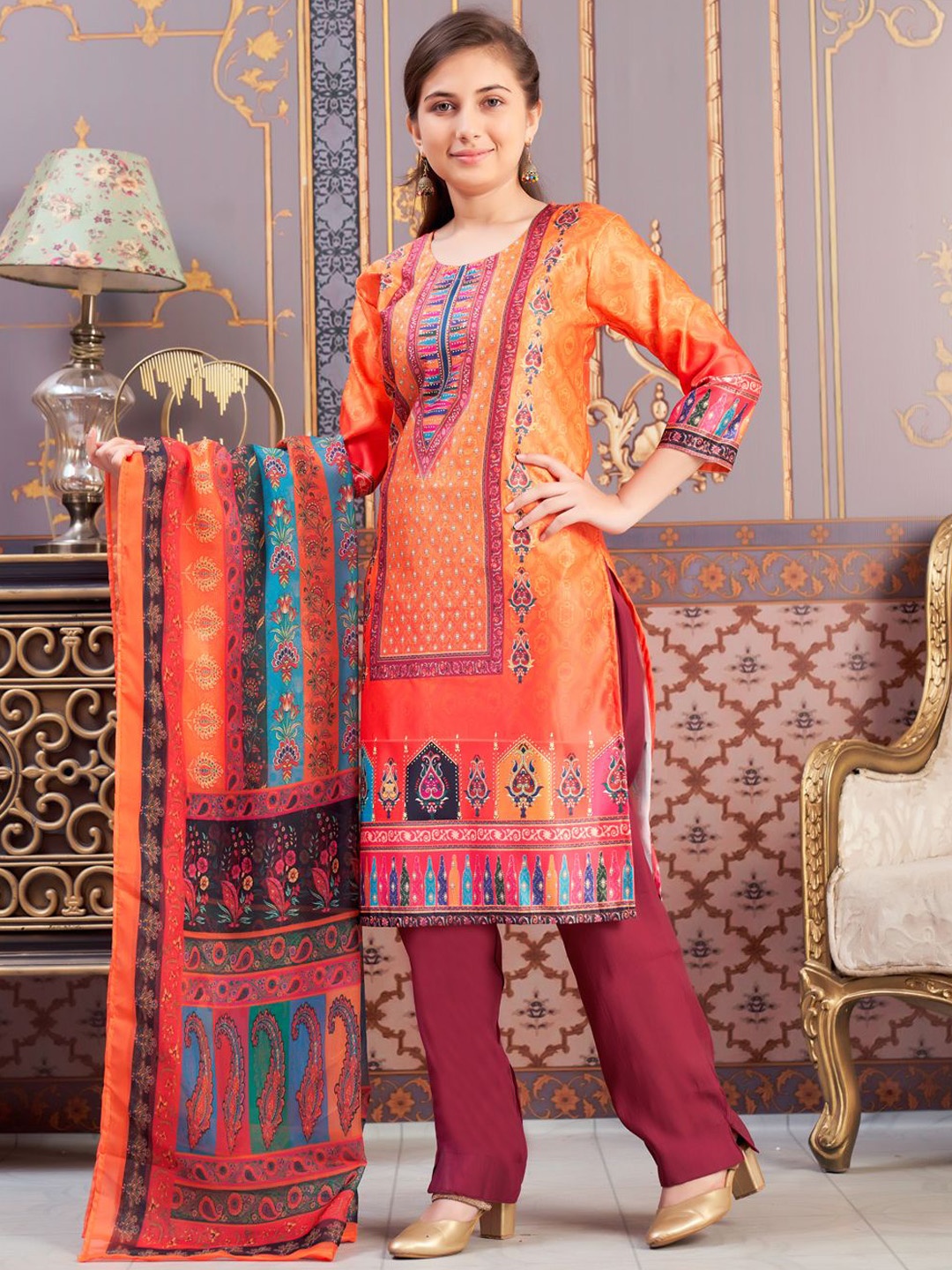 

Aarika Girls Floral Printed Regular Kurta with Trousers, Orange