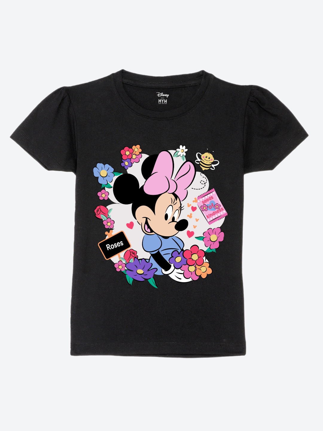 

Wear Your Mind Girls Minnie Mouse Printed Puff Sleeves Tropical Pure Cotton T-shirt, Black