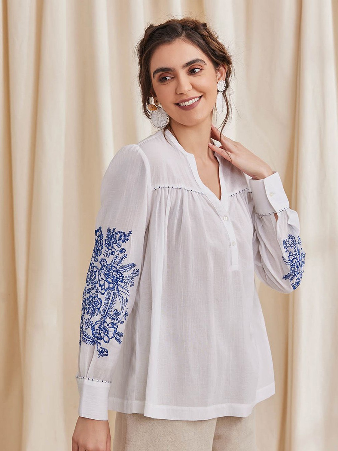 

B77 Mandarin Collar Organic Cotton Georgette Top, White