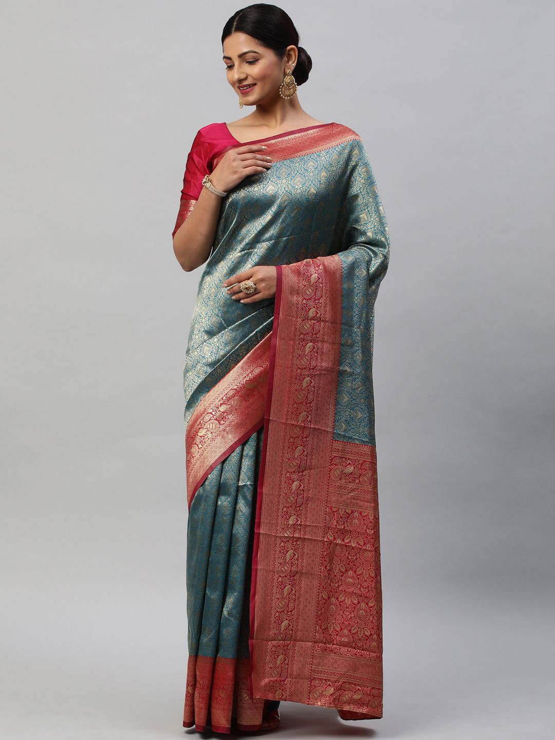

KALINI Woven Design Zari Silk Blend Kanjeevaram Saree, Blue