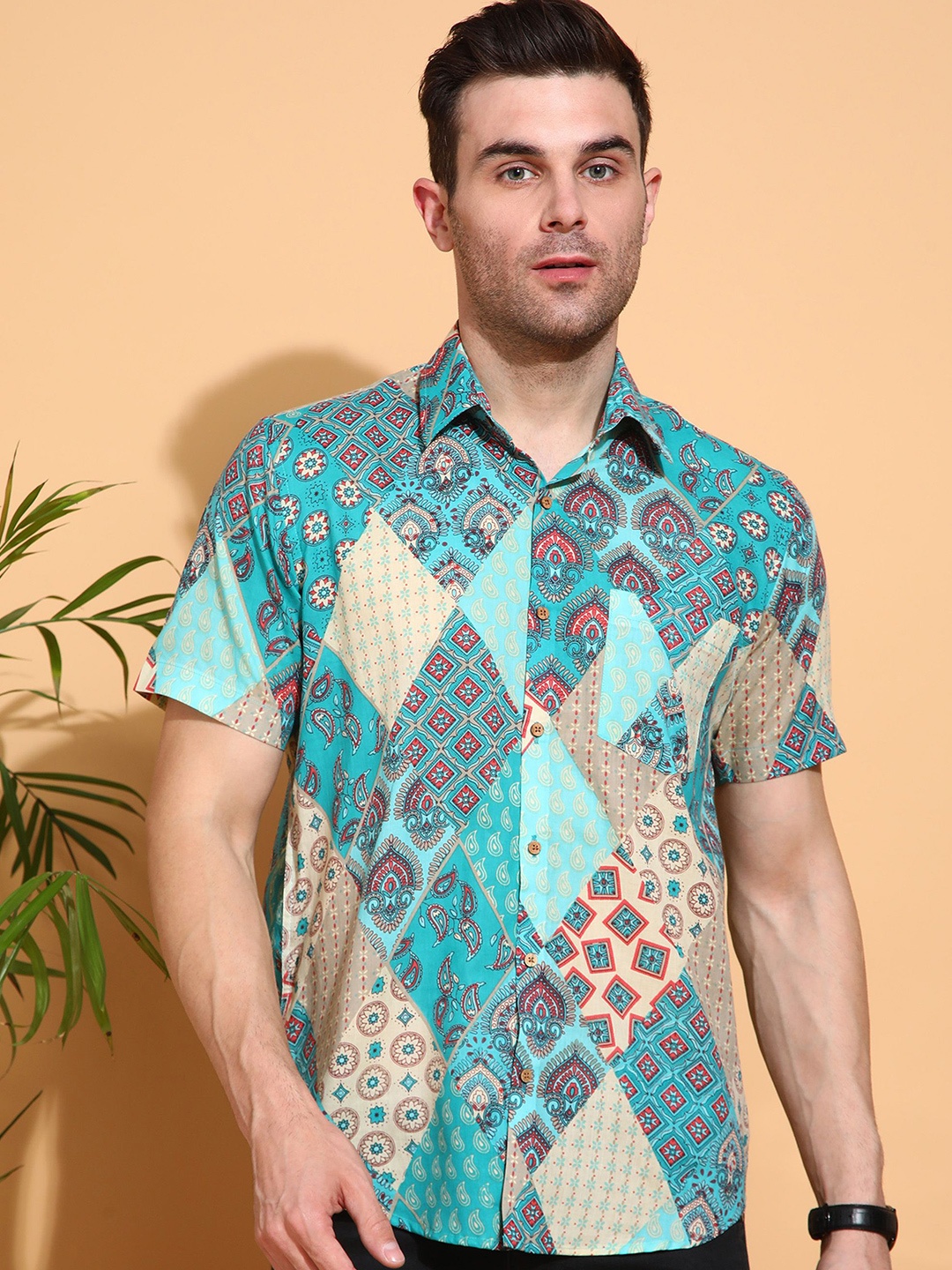 

Anouk Men Slim Fit Opaque Printed Casual Shirt, Blue