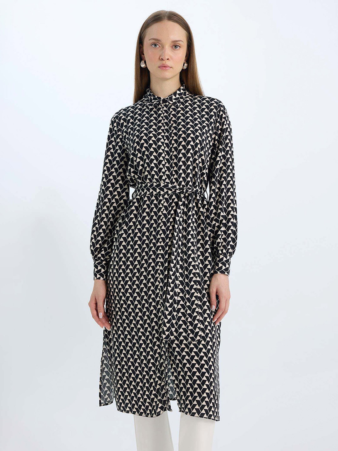 

DeFacto Shirt Collar Printed Tunic, Black