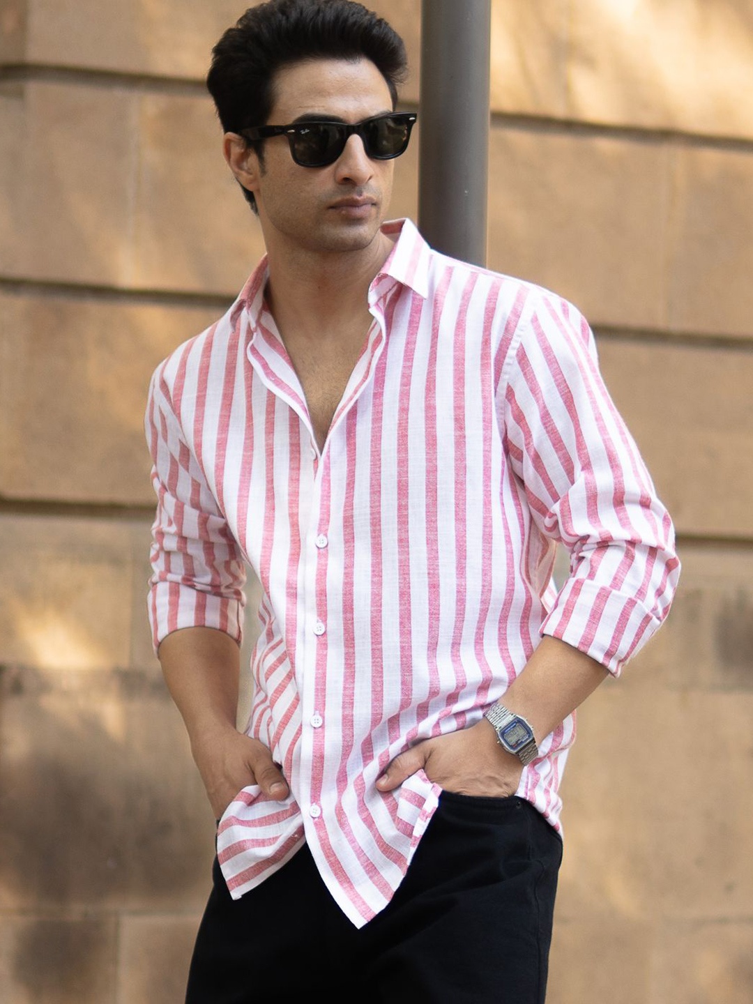 

Powerlook Men Opaque Striped Casual Shirt, Red