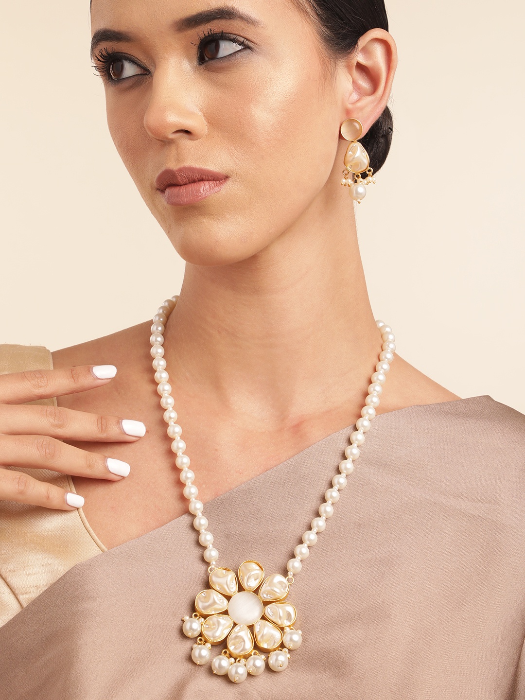 

Anouk Gold Plated Beaded & MOP Studded Premium Necklace & Earring Set, Off white