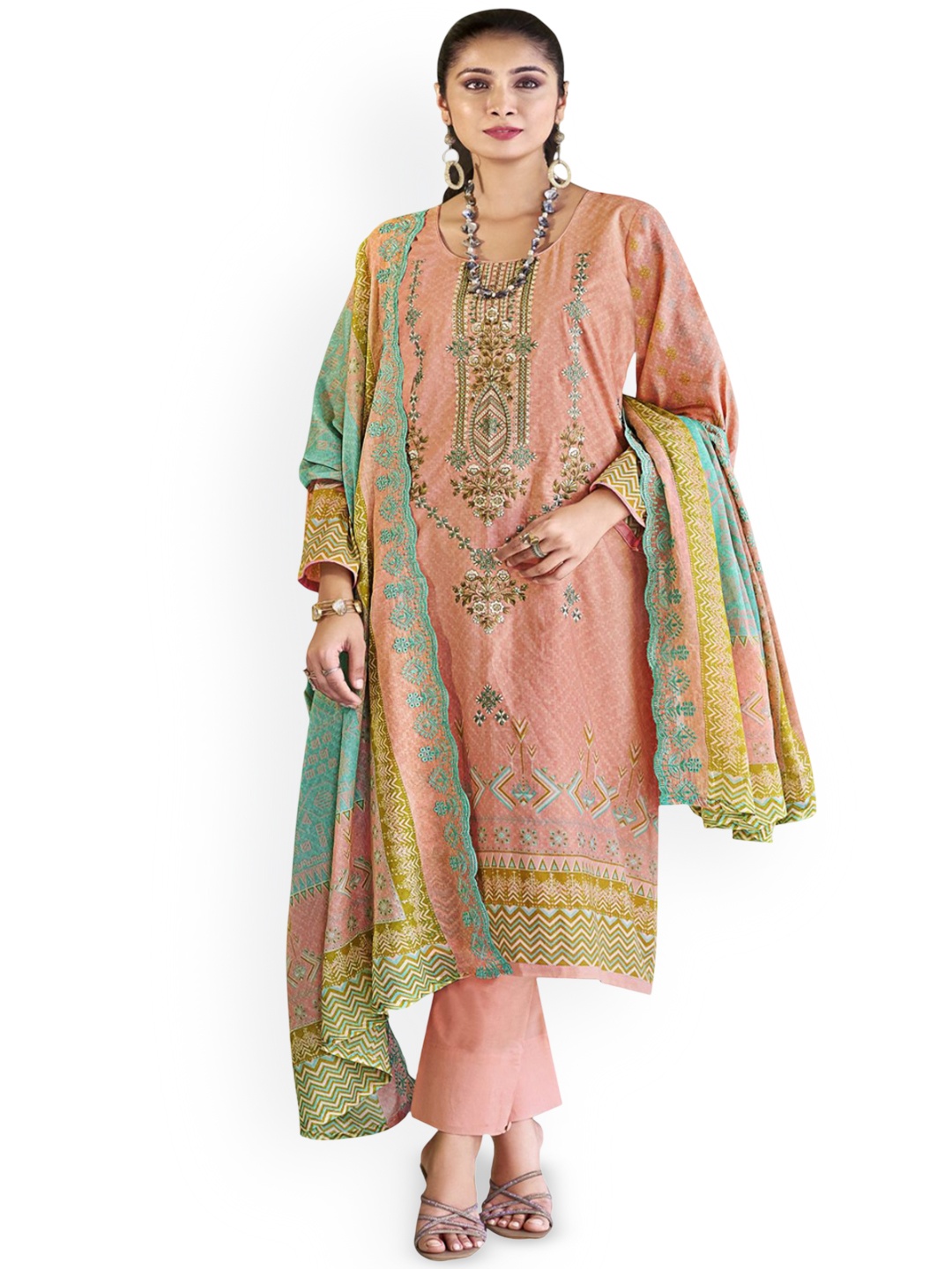 

DRAVINAM Trends Embroidered Pure Cotton Unstitched Dress Material, Orange