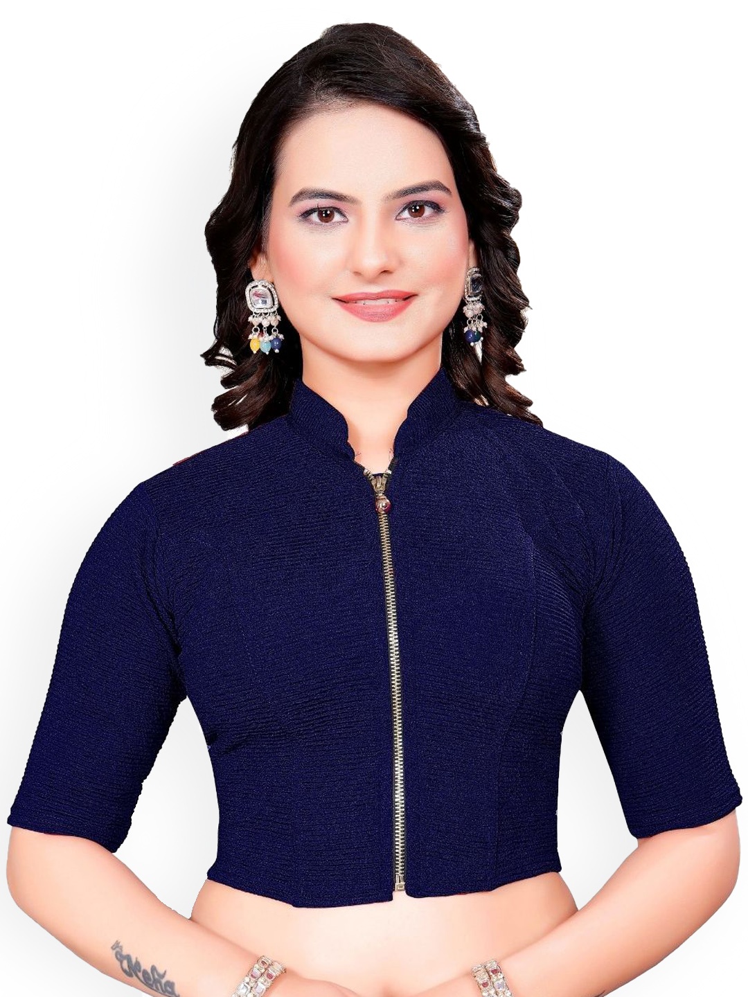 

SS Sanket Synthetics High Neck Short Sleeve Saree Blouse, Navy blue
