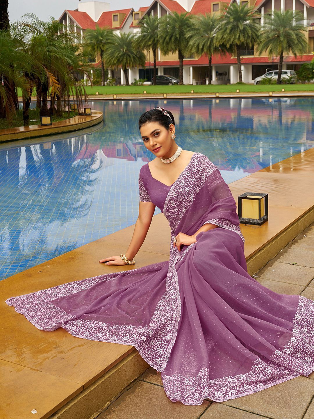 

DIVASTRI Floral Beads and Stones Pure Chiffon Saree, Mauve