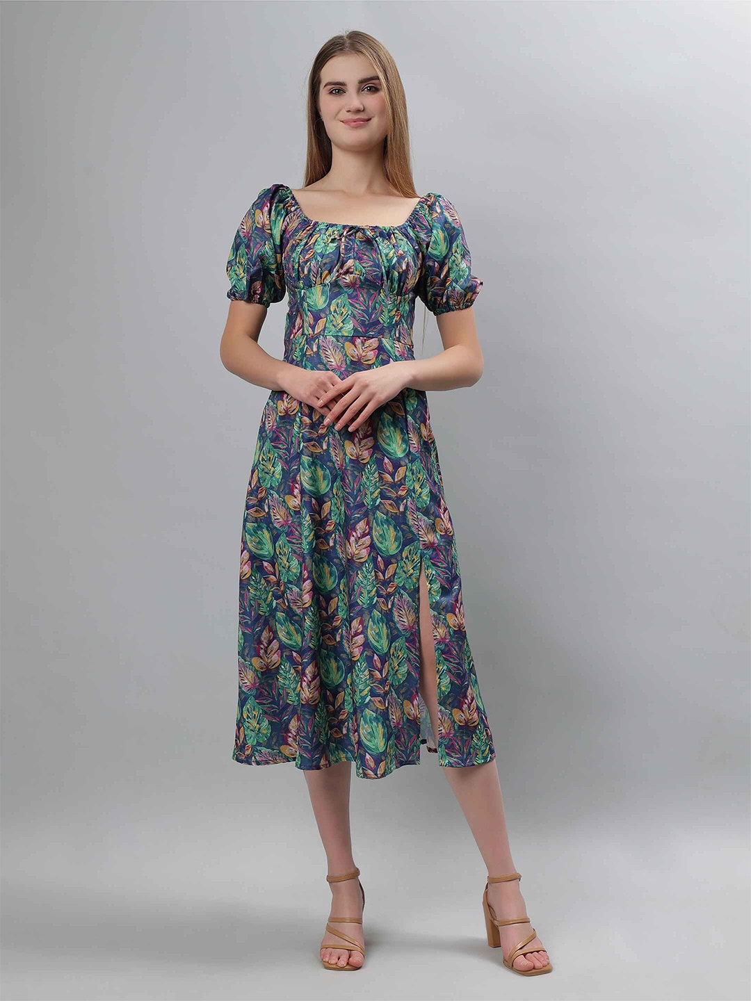 

ETRAANA Floral Print Puff Sleeve Fit & Flare Maxi Dress, Green