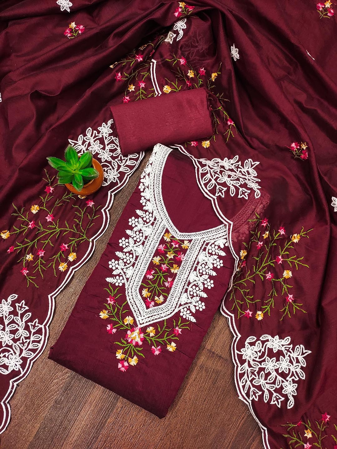 

SAINOOR Embroidered Semi-Stitched Dress Material, Maroon