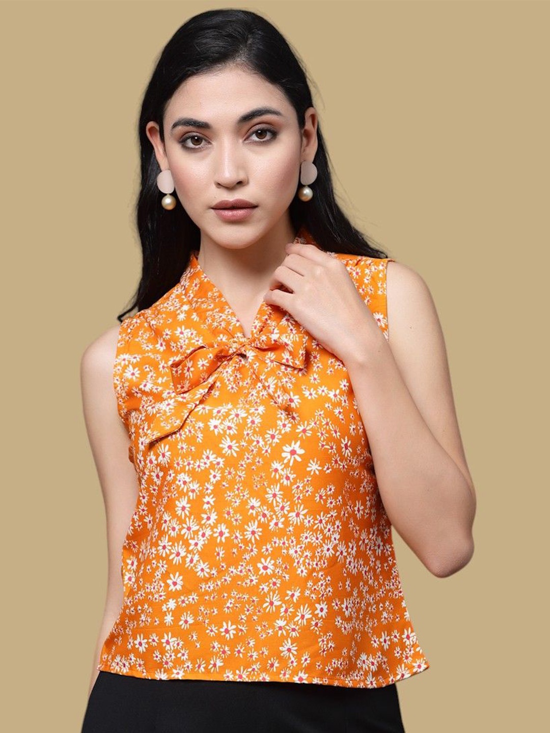 

Chemistry Floral Print Tie-Up Neck Crepe Top, Orange