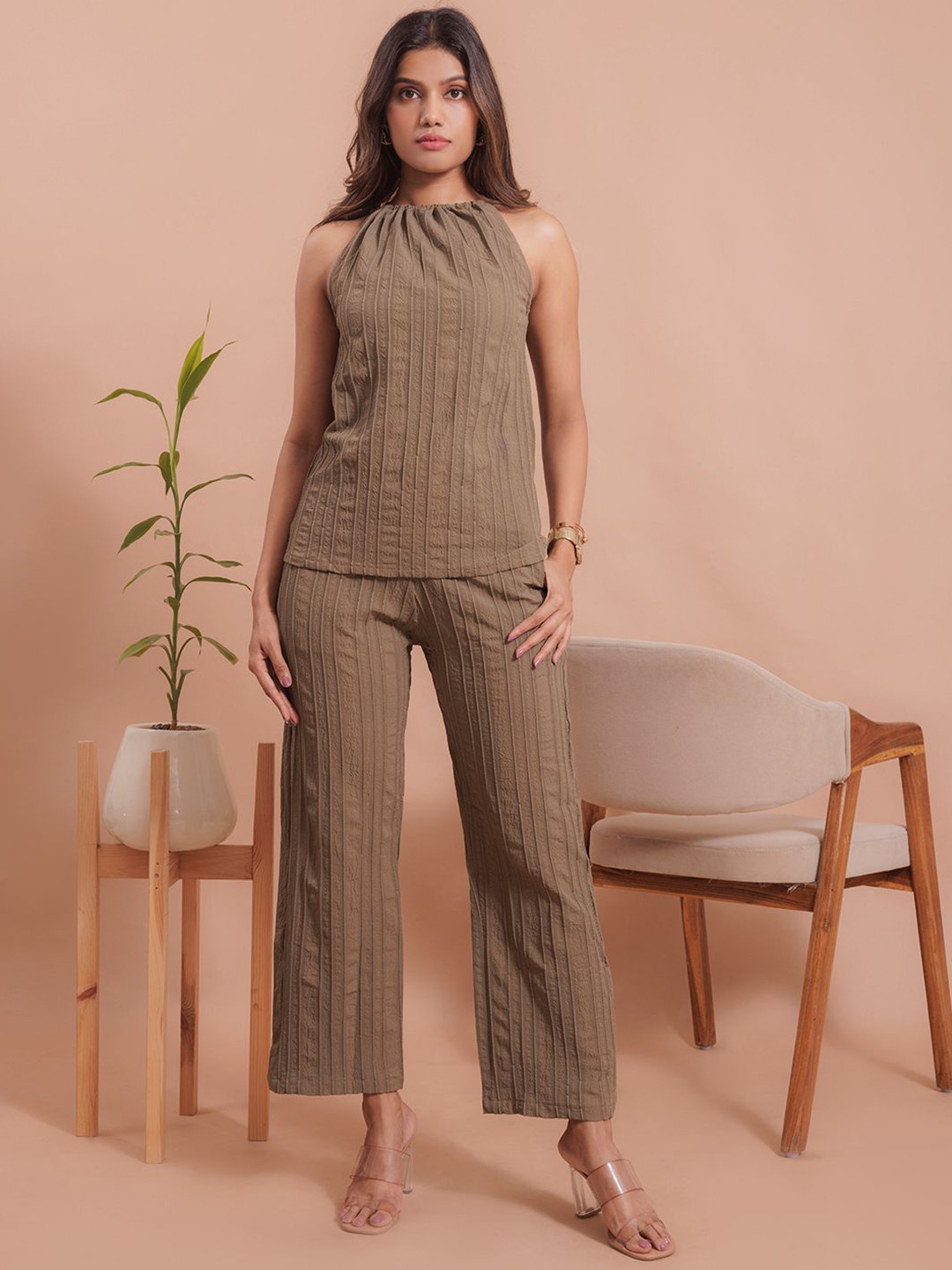 

SHINISHA Textured Top With Trousers Co-Ords, Brown