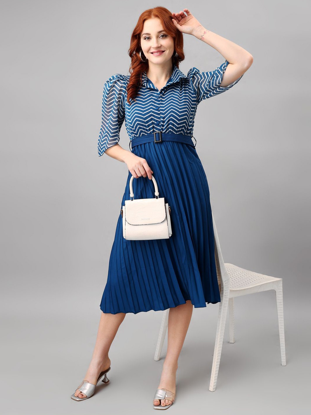 

Jash Creation Striped Applique Georgette Fit & Flare Maxi Dress, Blue