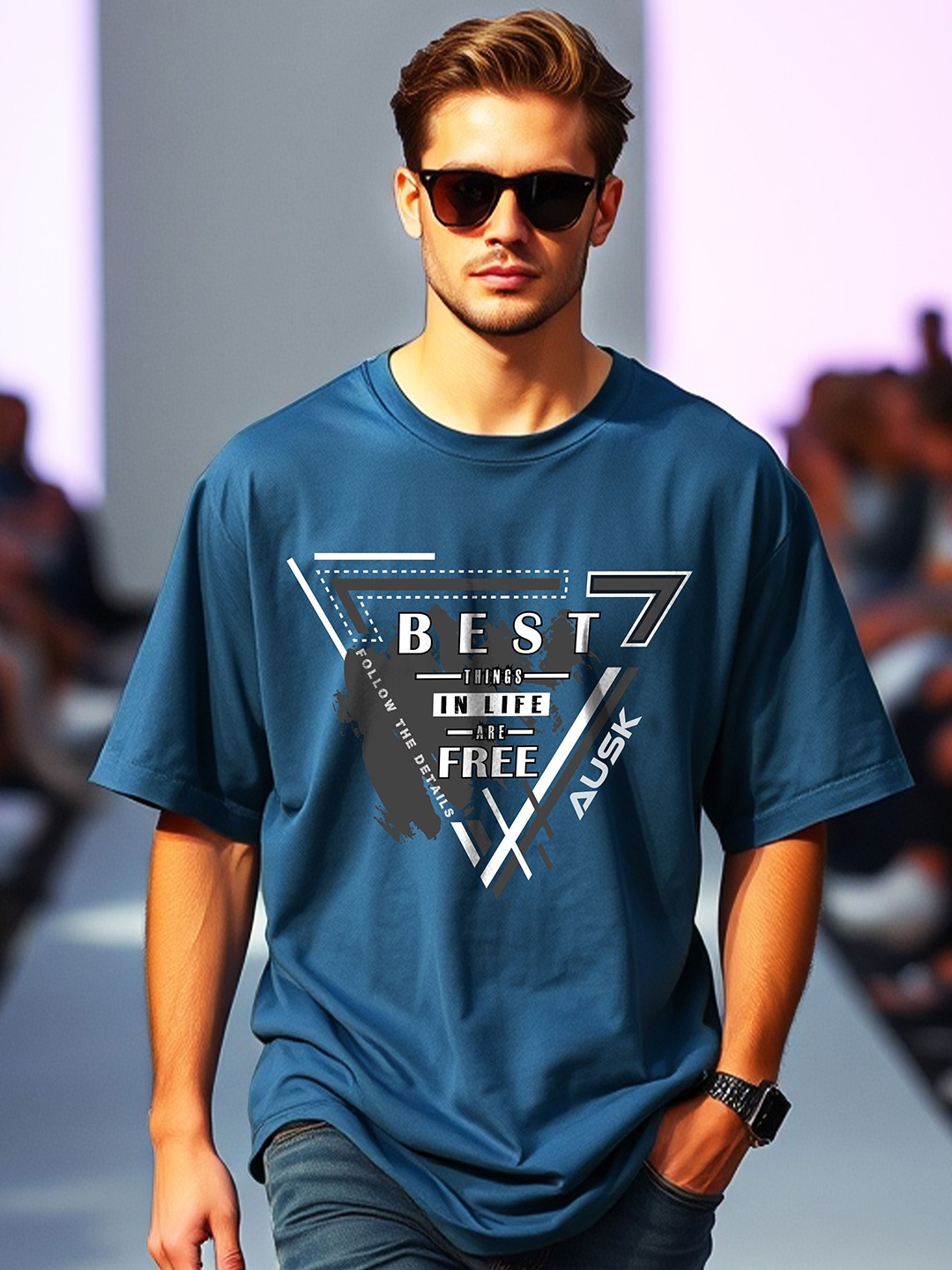

AUSK Men Typography Printed Pockets T-shirt, Teal
