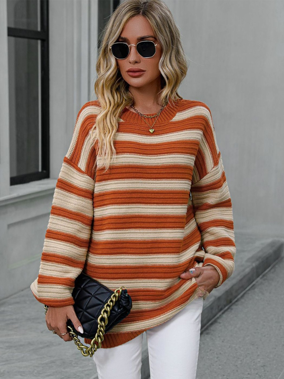 

Oh Rare Women Striped Pullover, Orange