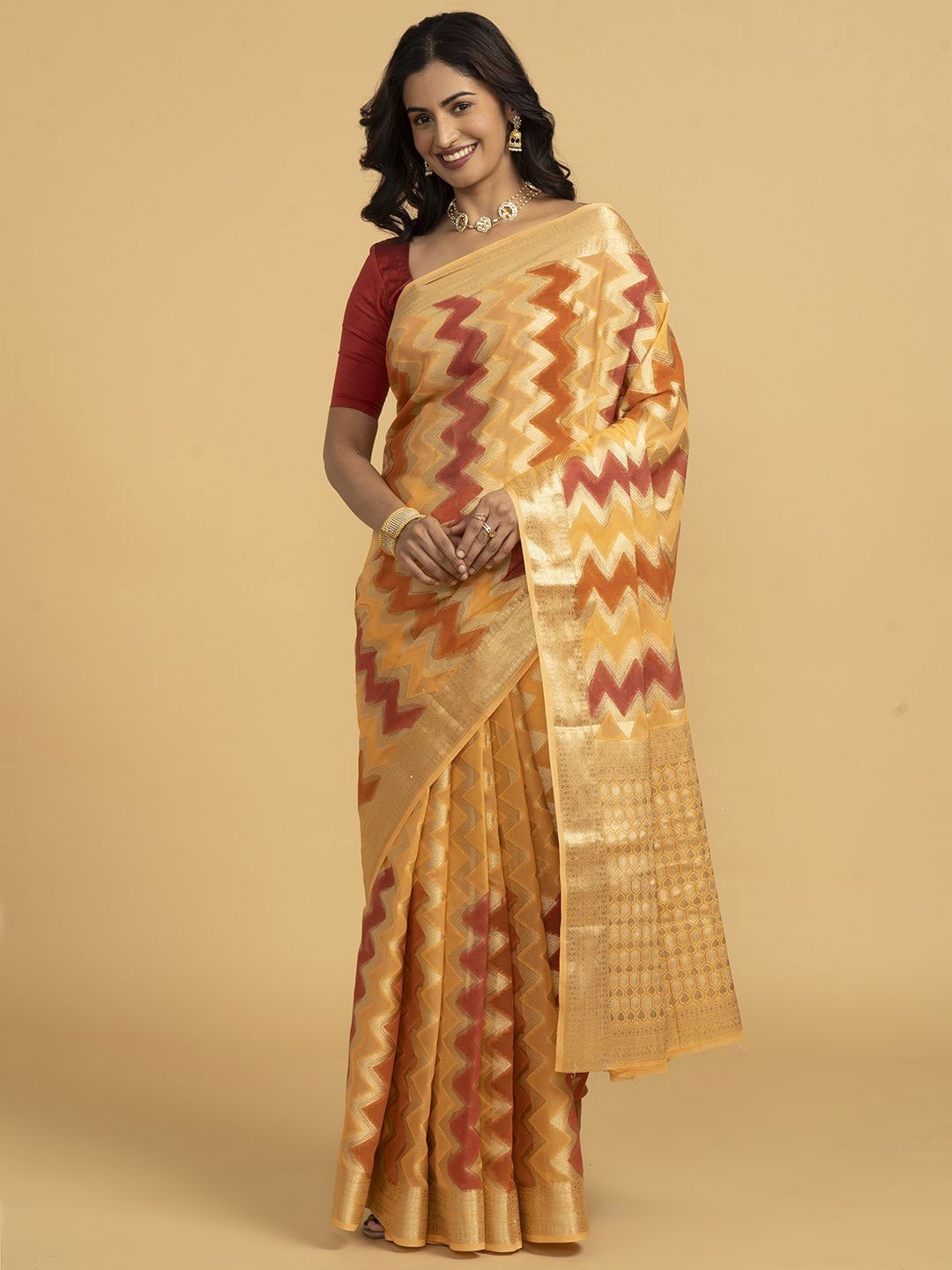 

Saaki Woven Design Zari Ikat Saree, Peach