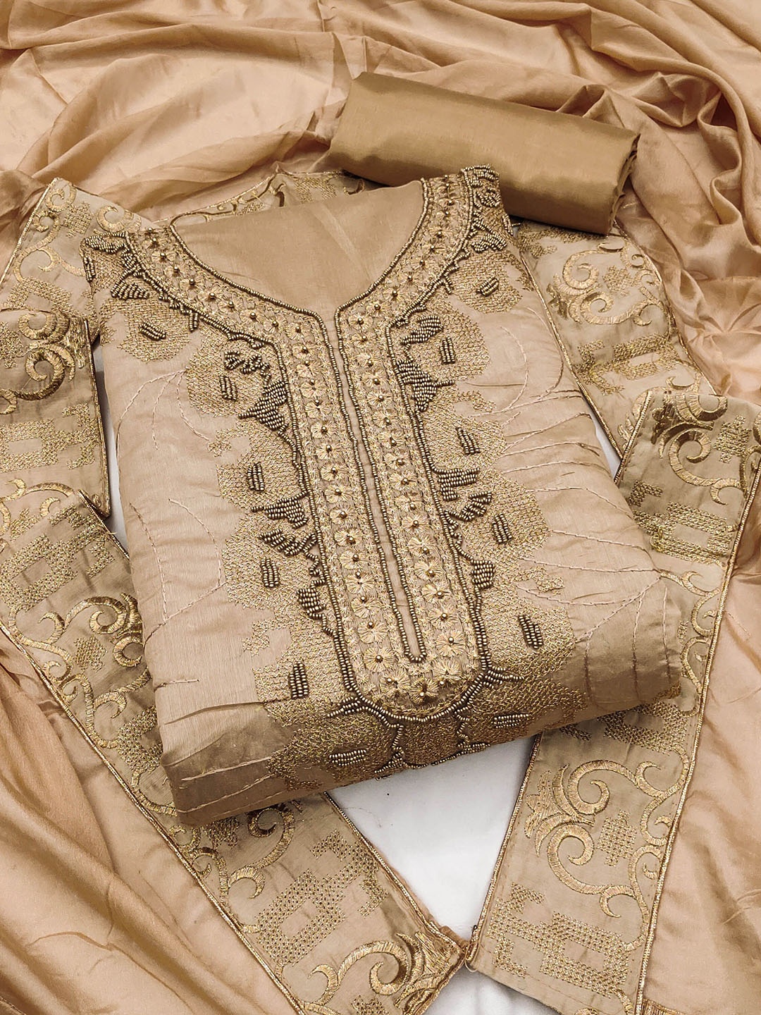 

SAINOOR Embellished Semi-Stitched Dress Material, Beige
