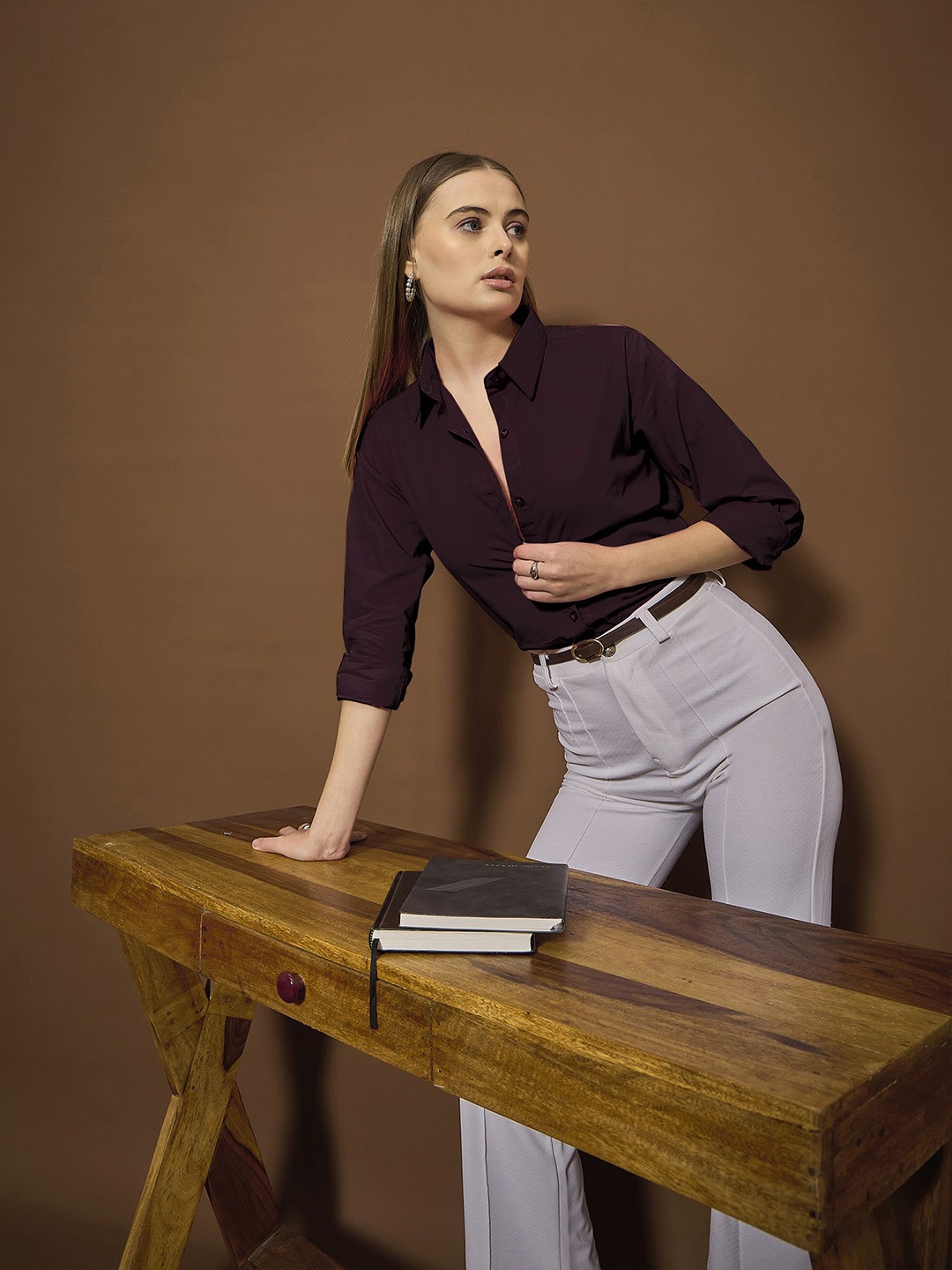 

The Roadster Lifestyle Co Women Cotton Spread Collar Shirt, Maroon